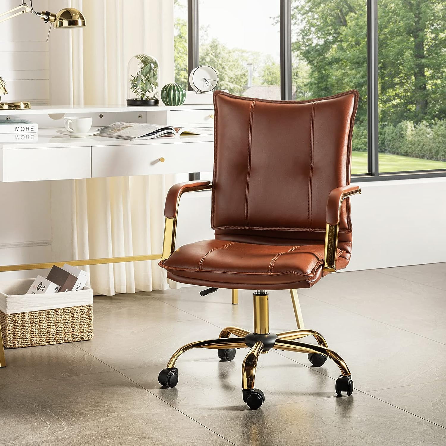 Home Office Desk Chair Faux Leather Adjustable Swivel Computer Chair with Golden Legs and Arms Comfy Upholstered Task Chair Brown
