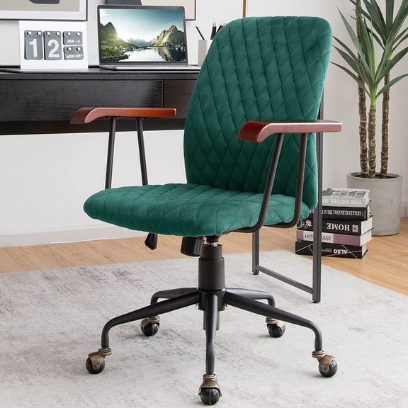 Home Office Desk Chair Green, Vintage Adjustable Swivel Rolling Chair with Copper Wheels & Armrest, Mid Leisure Chair, Velvet Upholstered Computer Chair for Work, Study