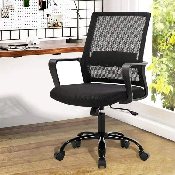 Home Office Desk Chair Mesh Computer Chair Adjustable Mid-Back Office Chair Back Support Rolling Swivel Task Chair with Arms and Lumbar Support for Adults, Black