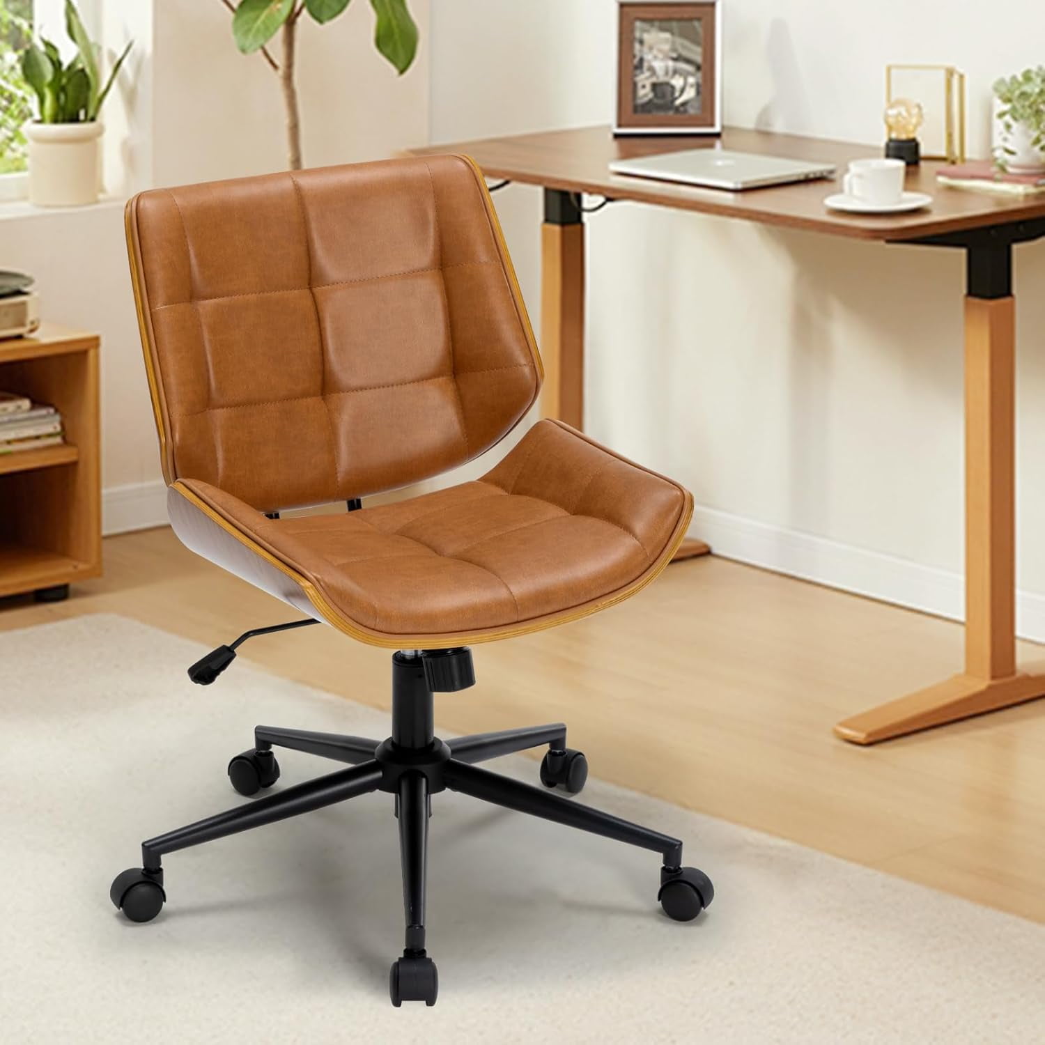 Home Office Desk Chair,Mid-Century Modern Wooden PU Leather Chair ...