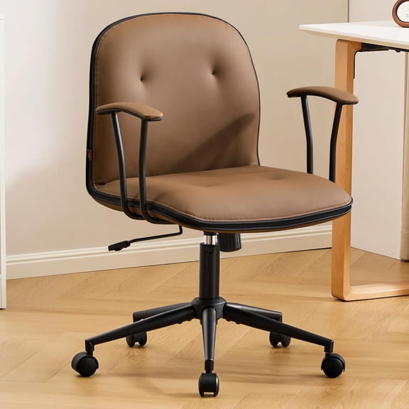 Home Office Desk Chair, Modern PU Leather Vanity Chair with Removable & Padded Armrests, Adjustable Height Rolling Swivel Task Chair with Silent Wheels, Brown