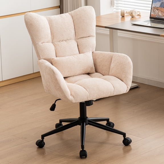 Home Office Desk Chair, Modern Tufted Chenille Vanity Chair, Adjustable Upholstered Swivel Computer Chairs for Bedroom, Living Room，Beige