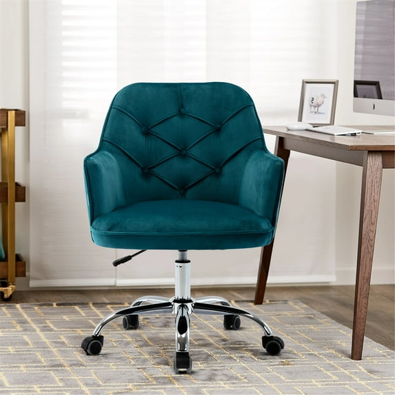 Home Office Desk Chair, Modern Velvet Fabric Accent Chair with Upholstered Seat, Swivel Task Chair for Home Office, Comfy Vanity Chair, Height Adjustable Swivel Office Chair, Teal, D2891
