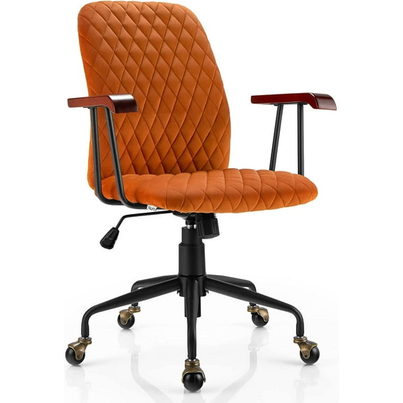 Home Office Desk Chair Orange, Vintage Adjustable Swivel Rolling Chair with Copper Wheels & Armrest, Mid Century Leisure Chair, Velvet Upholstered Computer Chair for Work, Study