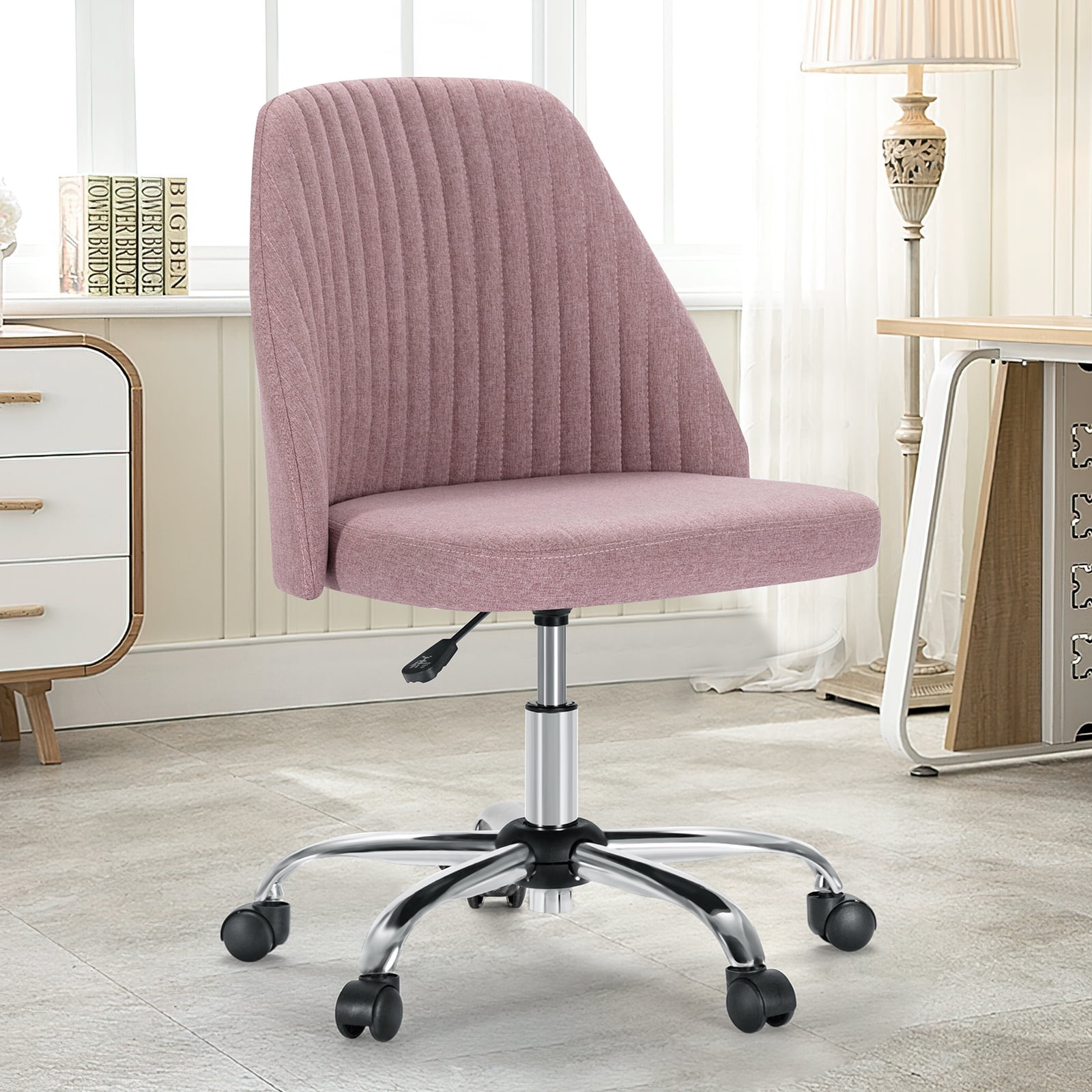 ZUNMOS Home Office Desk Chair, Rolling Task Computer Chair Adjustable with Wheels Armless for Bedroom, Vanity Chair for Makeup, Living Room, Pink ZUNMOS Home Office Desk Chair, Rolling Task Computer Chair Adjustable with Wheels Armless for Bedroom, Vanity Chair for Makeup, Living Room, Pink