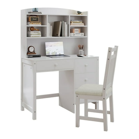 Home Office Desk & Chair Set - Executive Computer Desk with Bookshelf & 4 Drawers, Upholstered Chair