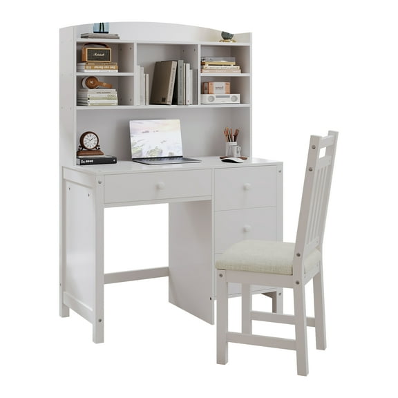 Home Office Desk & Chair Set - Executive Computer Desk with Bookshelf & 4 Drawers, Upholstered Chair