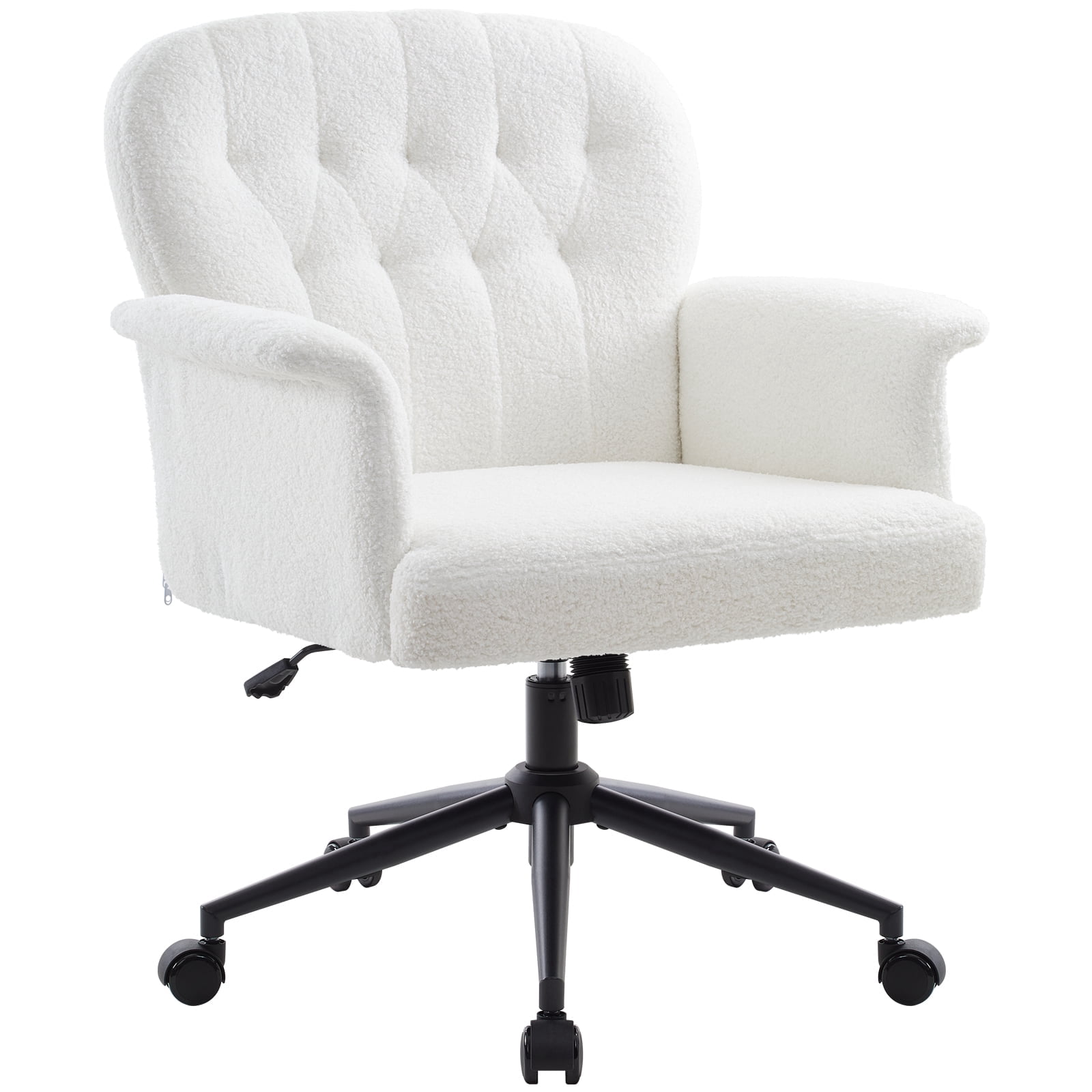 Home Office Desk Chair, Teddy Fabric Cozy Desk Chair with Wheels and Arms, Modern Upholstered High Back Wide Seat Vanity Chair for Bedroom Living Room Makeup