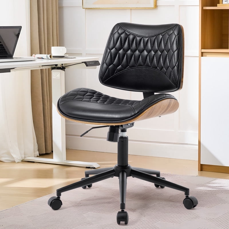 Home Office Desk Chair with Wheels, Armless Breathable PU Leather Office Chair, Swivel Ergonomic Computer Chair for Compact Space, Height-Adjustable Modern Walnut Chair with Rocking Function