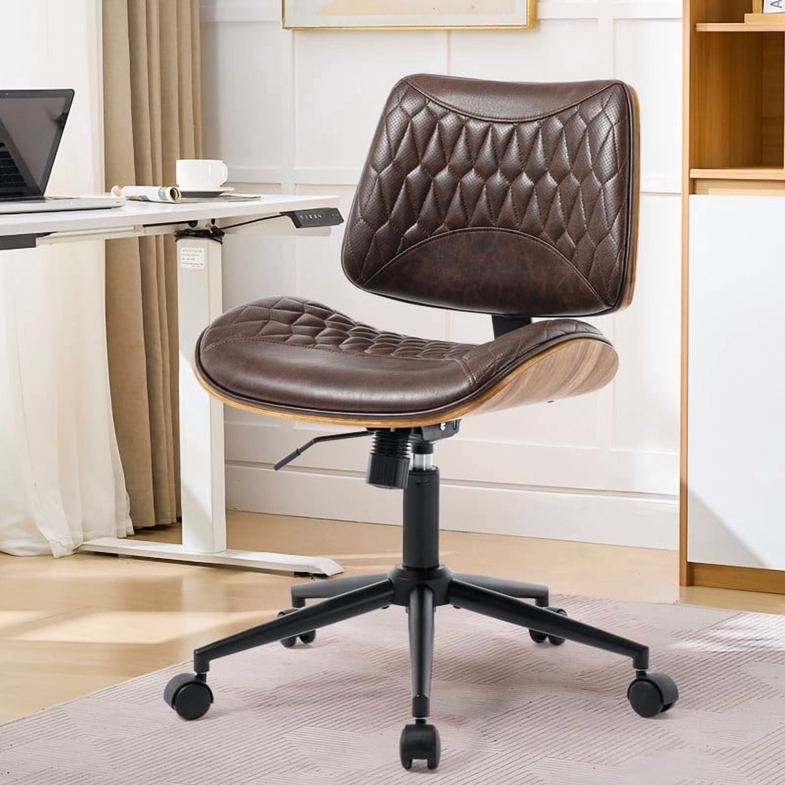 Home Office Desk Chair with Wheels, Armless Breathable PU Leather Office Chair, Swivel Ergonomic Computer Chair for Compact Space, Height-Adjustable Modern Walnut Chair with Rocking Function