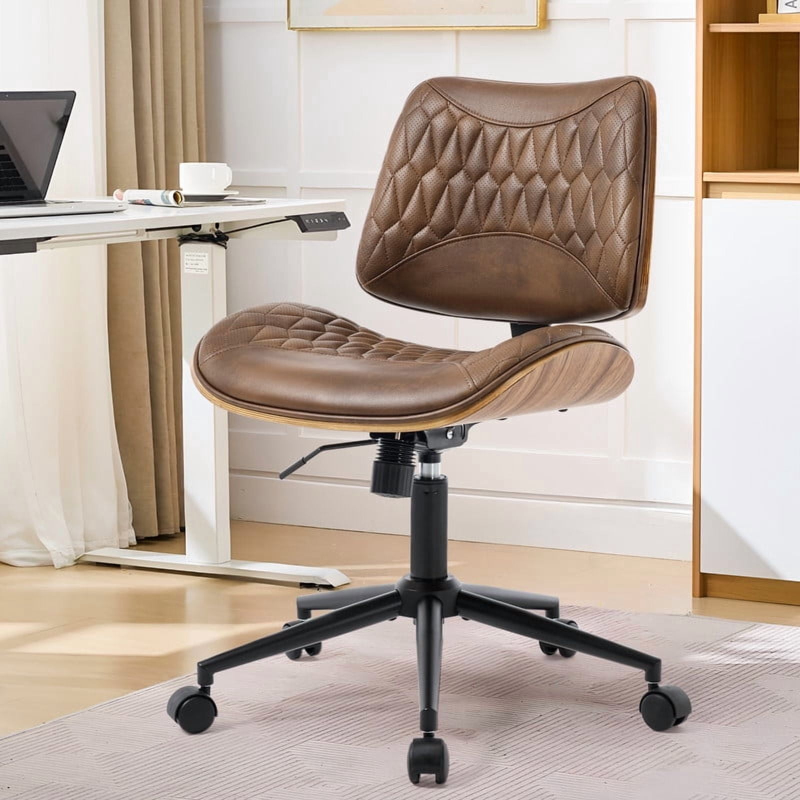 Home Office Desk Chair with Wheels, Armless Breathable PU Leather Office Chair, Swivel Ergonomic Computer Chair for Compact Space, Height-Adjustable Modern Walnut Chair with Rocking Function
