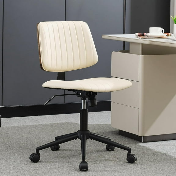 Home Office Desk Chair with Wheels,Modern Walnut Small Desk Chair,Armless Mid Back 360 Swivel Computer Chair,Adjustable Height No Arms PU Leather Chair for Office,Reading,Meeting Room (Beige)