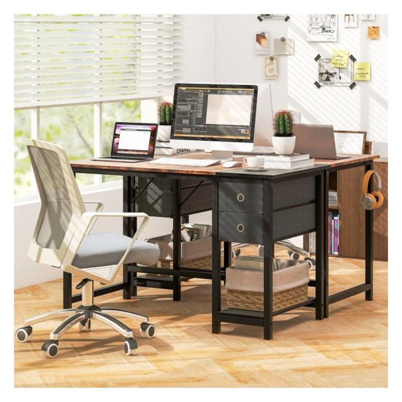 Home Office Desk with Drawers, 48/55 Inch Computer Desk with Hanging Hook, Rustic Brown Writing Desk with Storage, Metal Frame Study Table for Work, Gaming