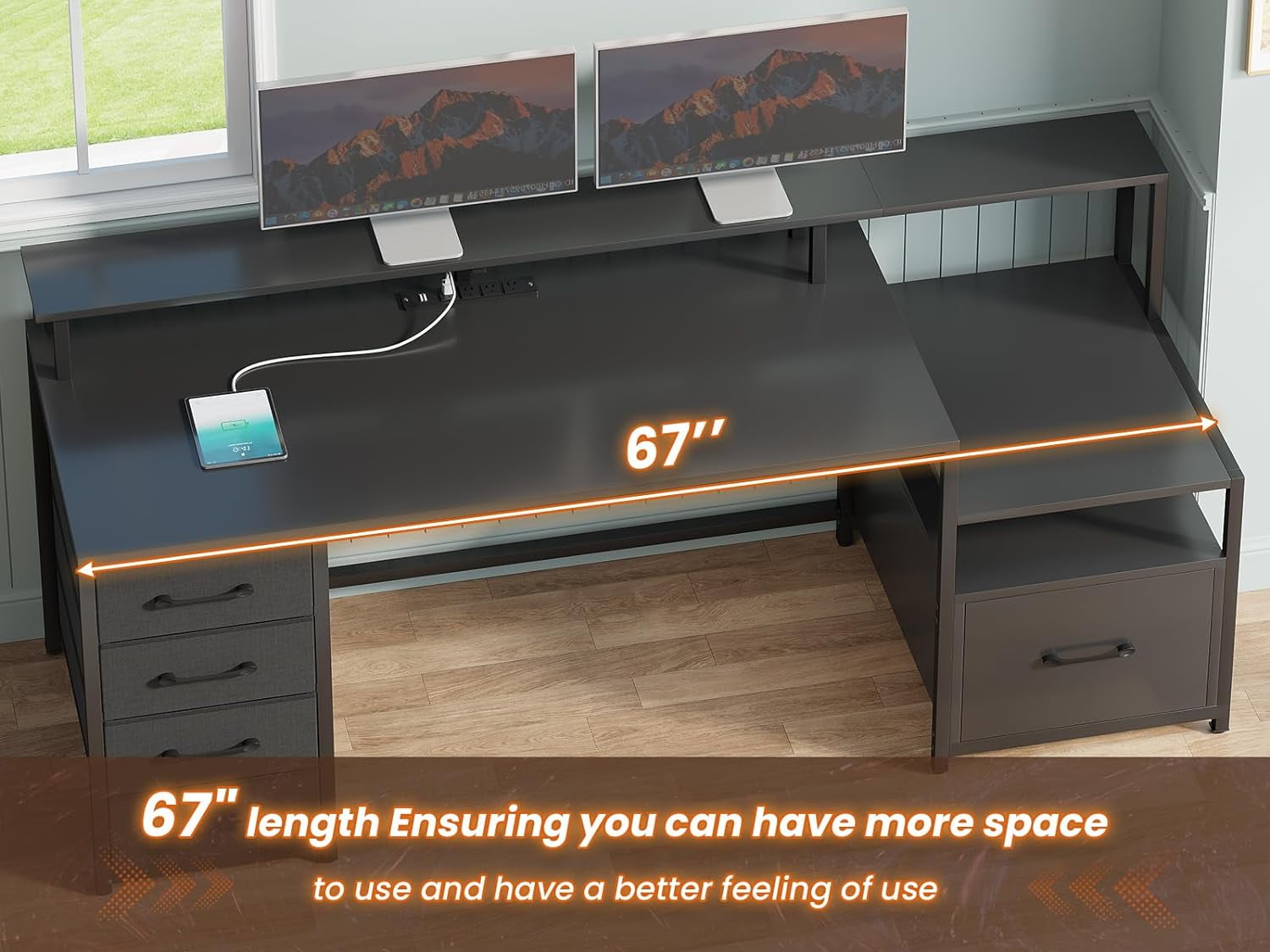 Black Adjustable Height Wood Computer Desk with Drawer and Power Outlet