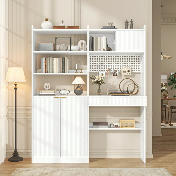 Home Office Desk with Hutch, Multifunctional Computer Desk with Bookcase, Wooden Executive Desk with Power Outlets, Drawers, 6 S-hooks, Writing Study Desk for Living Room, White