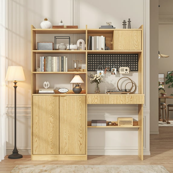 Home Office Desk with Hutch, Multifunctional Computer Desk with Bookcase, Wooden Executive Desk with Power Outlets, Drawers, 6 S-hooks, Writing Study Desk for Living Room, Yellow