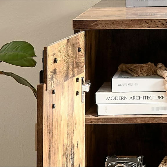 Home Office Desk In Distressed Wood Style, One Cabinet, Three Shelves, Faux Barn Door On Heavy Duty Metal Hinges, Modesty Touch Effect Desk, Feature