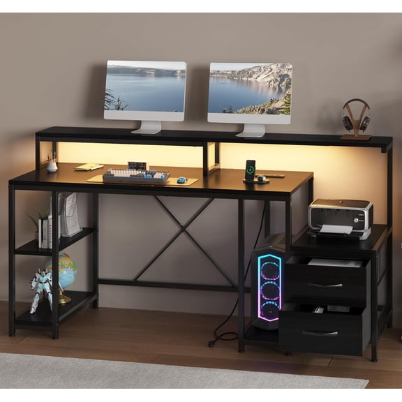 Home Office Desk with LED Light & Power Outlets, 63 inch Computer Desk with Monitor Stand and Printer Space, Gaming Desk with Drawers and Storage Shelves for Study Writing Working, Black