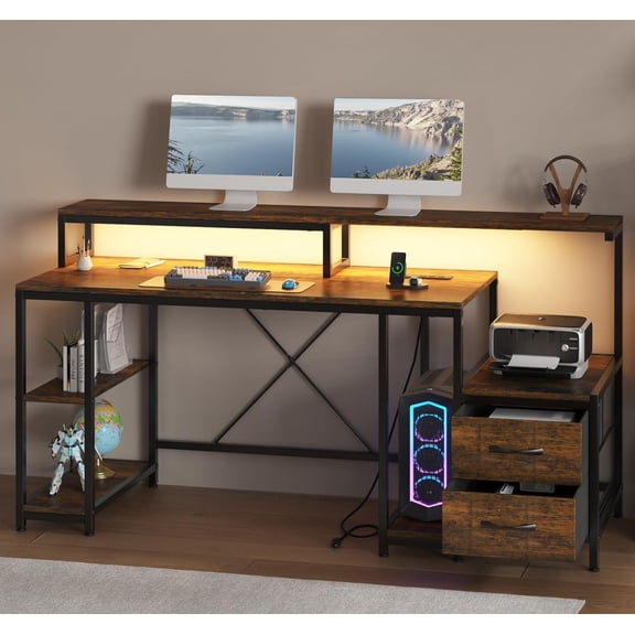 Home Office Desk with LED Light & Power Outlets, 63 inch Computer Desk with Monitor Stand and Printer Space, Gaming Desk with Drawers and Storage Shelves for Study Writing Working, Brown