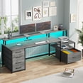 thumbnail image 1 of SEDETA Home Office Desk with LED Lights & Power Outlet, 66" Computer Desk with 5 Drawer and Storage Shelves, Gaming Desk with Printer Cabinet and Monitor Stand, Grey, 1 of 8