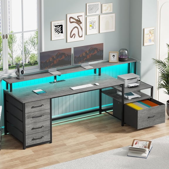 SEDETA Home Office Desk with LED Lights & Power Outlet, 66" Computer Desk with 5 Drawer and Storage Shelves, Gaming Desk with Printer Cabinet and Monitor Stand, Grey