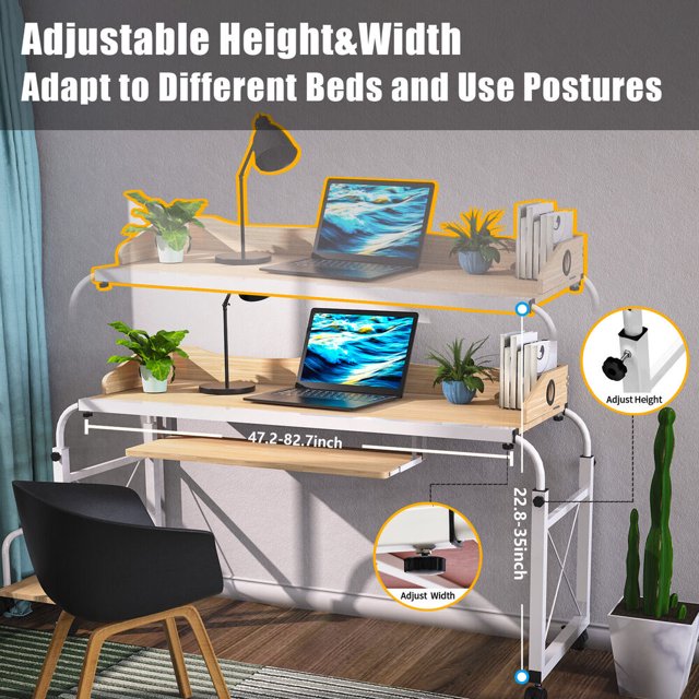 Home Office Desk,Mobile Adjustable Height&Width Crossbed Stretchable