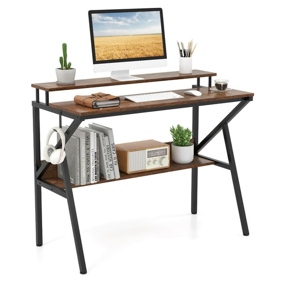 Home Office Desk with Monitor Stand, Small Computer Desk with Open Shelf, Metal Frame Writing Desk with Earphone Hook, Space Saving Study Desk for Bedroom Dorm