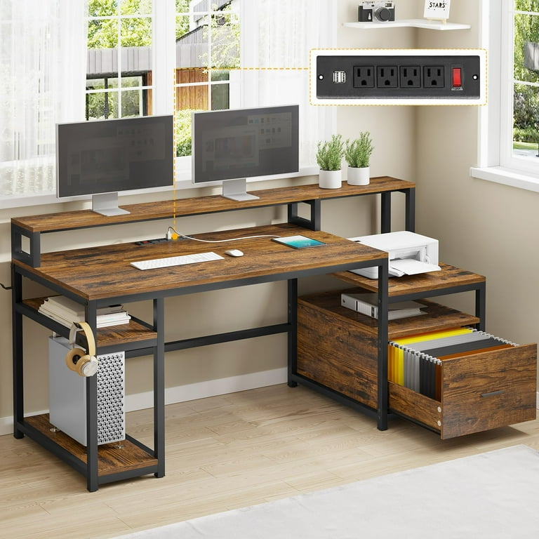 Computer Desk with Drawers, Wood Home Office Writing Desk with Storage  Shelf for Home Office, Rustic Brown