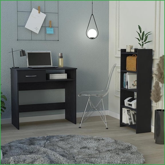 Home Office Desk Set Caldwell with Keyboard Tray, Drawer & Shelf | 31.5W | Black Wengue | Black | Particle Board