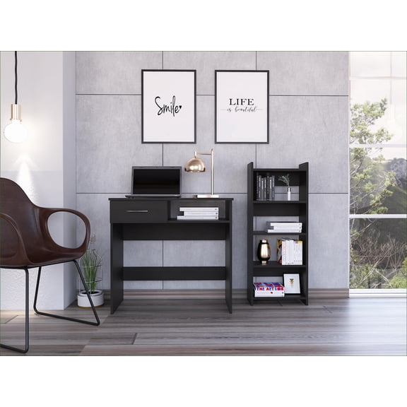 Desk & Bookcase Set, Modern Home Office Combo with Drawer & Keyboard Tray | Black | Particle Board