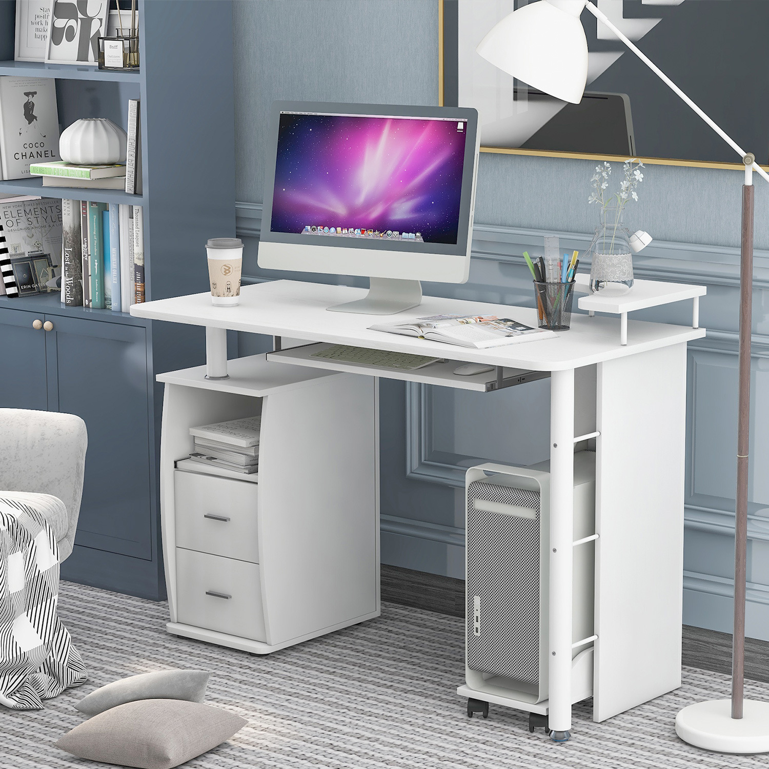 Home Office Desk With Drawers And Keyboard Tray, White Modern Computer ...