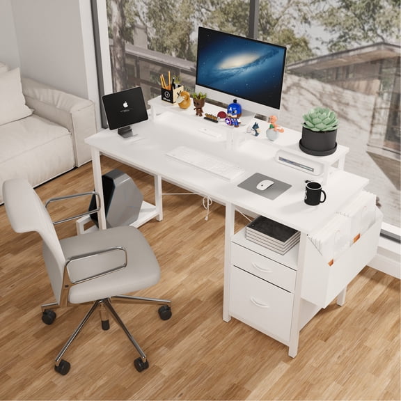 Home Office Desk With Power Supply, 2 Monitor Stands, Drawers, Side Pocket - 47.3" Modern White Plug, Computer For Video Editing Area