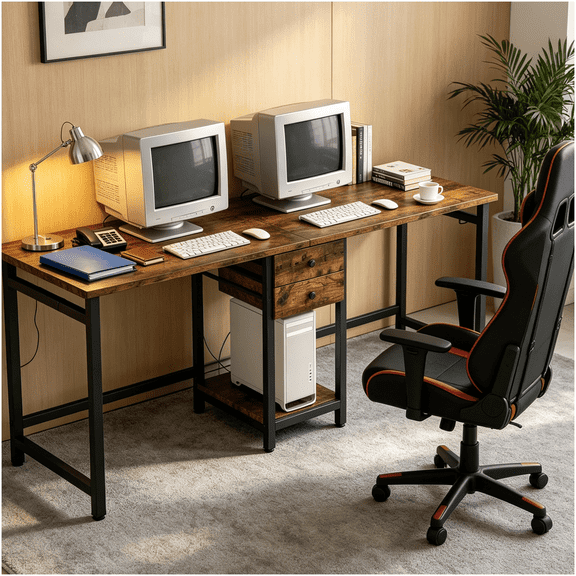 Home Office Desk for Two, Double Computer Workstation with Drawers and Shelf, Rustic Brown Modern Rectangular Table for Study Room and Small Office