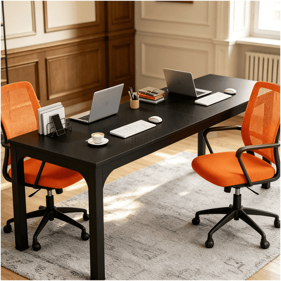 Home Office Desk for Two, Double Workstation with Black MDF Top and Iron Frame, Modern Industrial Computer Table for Shared Workspaces