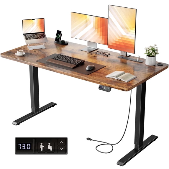 HLDIRECT 55" Electric Standing Desk with Outlets, Sit Stand up Desk, Adjustable Height Home Office Desk with 2 Preset Heights for Work Study, Brown
