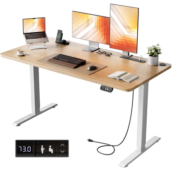 HLDIRECT 40" Electric Standing Desk with Outlets, Sit Stand Up Desk, Adjustable Height Home Office Desk with 2 Preset Heights for Work Study, Maple