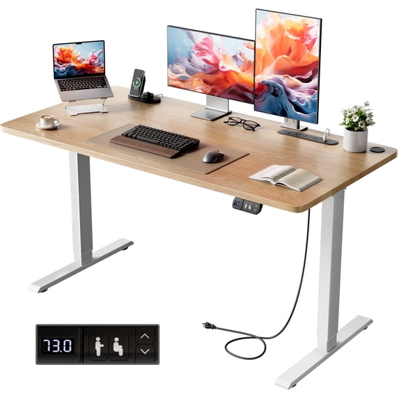 HLDIRECT 47" Electric Standing Desk with Outlets, Sit Stand Up Desk, Adjustable Height Home Office Desk with 2 Preset Heights for Work Study, Maple