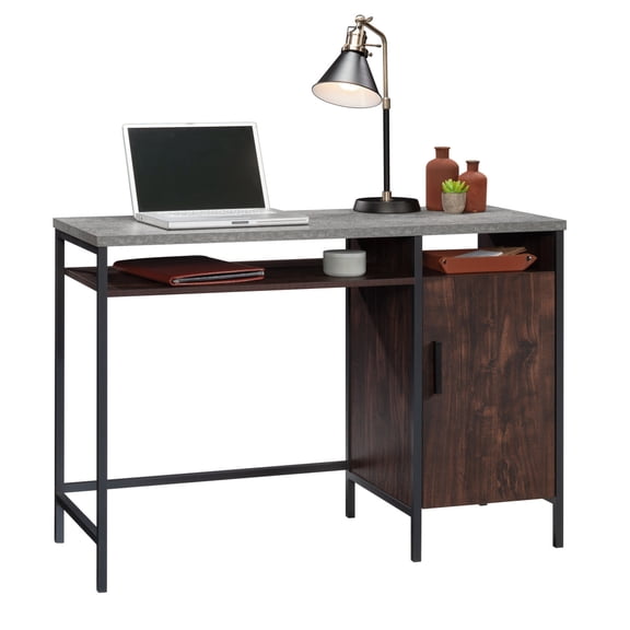Home Office Desk with Dark Walnut Finish Built-in Storage Cabinet & Shelf for Work Study