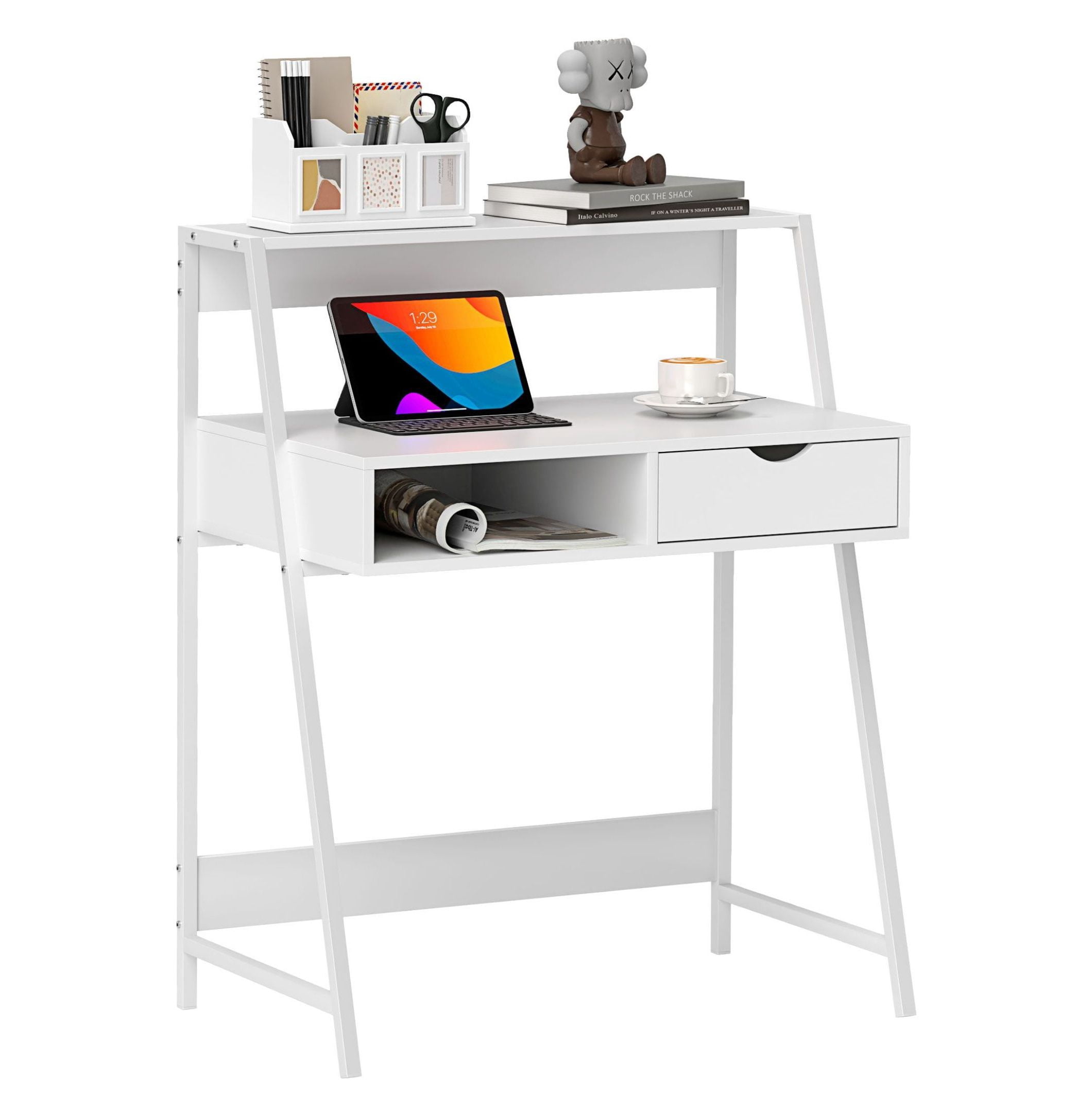 Home Office Desk with Drawer & Shelves, Small Computer Study Table ...