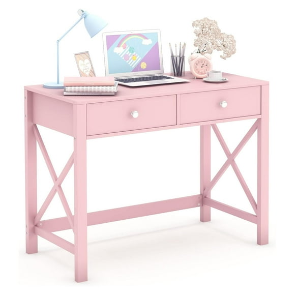 Home Office Desk with Drawers, Modern Writing Computer Desk for Bedroom, Small Pink Makeup Vanity Table for Girls, Study Table for Home Office