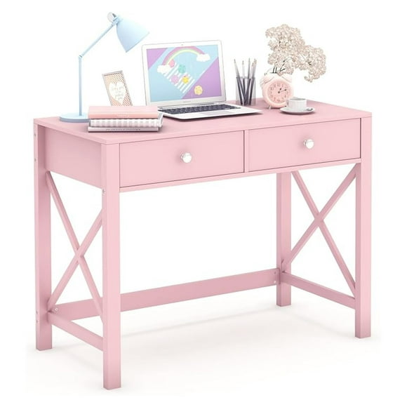 Home Office Desk with Drawers, Pink Writing Desk for Bedroom, Small Computer Table for Girls, Study Desk - Modern Vanity Desk with Storage