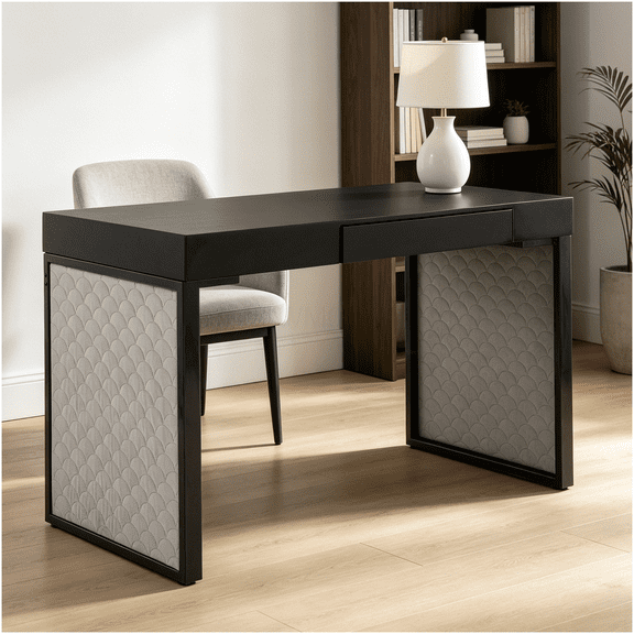 Home Office Desk with Fabric Upholstery, Black Steel Frame and Wood Top for Study Room or Bedroom Workspace