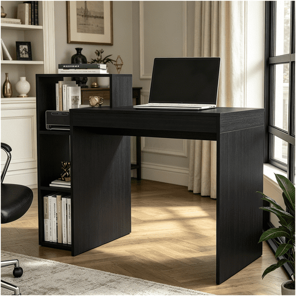 Home Office Desk with Open Shelf, Black Engineered Wood Writing Table for Study Room and Small Workspace