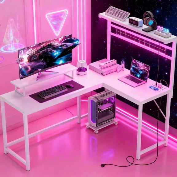Home Office Desks, Computer Desk,L Shaped Gaming Desk with Power Outlets & LED Lights,with Monitor Stand and CPU Shelf, White Office Desks,Particle Board,Steel Computer Desks