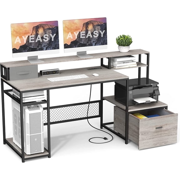 Home Office Desks with Drawers, 66'' Computer Desk with Storage, Office Desk with Monitor Stand, Work Desk with Outlets and USB, Gaming Table Desk with File Cabinet for Home Office Table, Grey