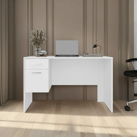 Home Office Desks, FM FURNITURE Magia Desk, 2 Drawers (1 Lockable), Modern Design, White Finish, Home Office, White Office Desks,Particle Board Computer Desks, Furniture Office Desks & Work Surfaces