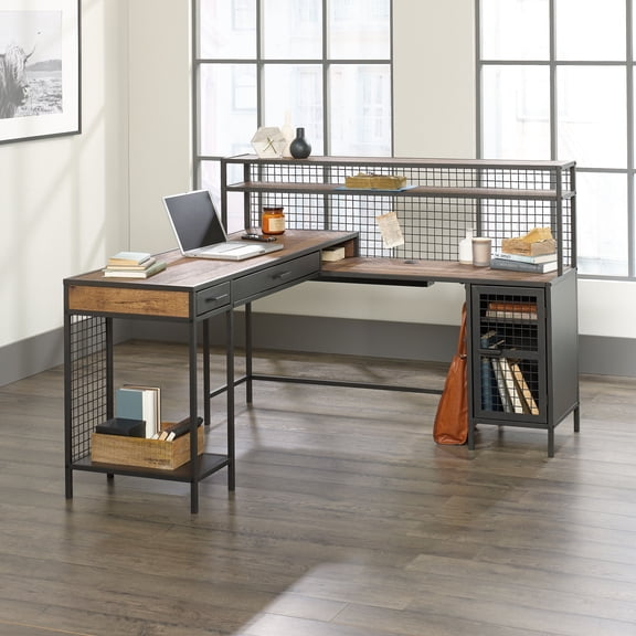 Home Office Desks, Industrial L-Shaped Desk with 2 Drawers and Shelves, Brown finish, Brown Office Desks,Engineered Wood Computer Desks, Furniture Office Desks & Work Surfaces