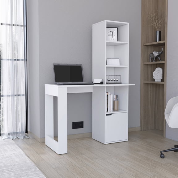 Home Office Desks, Iowa Computer Desk with 1-Cabinet and 4-Tier Bookcase, White Office Desks,Engineered Wood Computer Desks, Furniture Office Desks & Work Surfaces