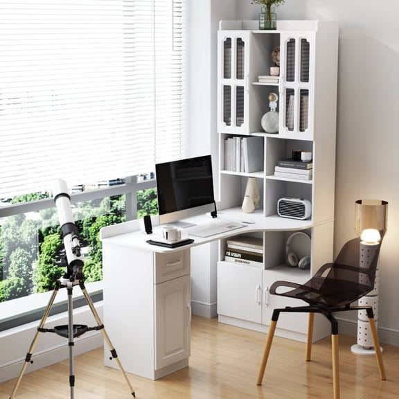 Home Office Desks, L-Shaped Corner Computer Desk for Home Office or Study desk, Study Modern Style Table with Drawers, Bookshelf & Hutch, 2-in-1 L-Shaped Design, Large Working Space,white