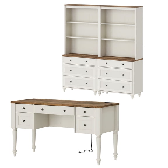 Home Office Furniture Set, 56" Executive Desk with Charging Station, 72" Tall Bookcase with 6 Drawers, Wood Computer Desk with File Cabinet Storage, Open Shelf, White